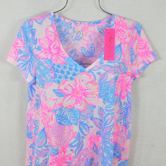 Lilly Pulitzer Women's Etta V-Neck Top Size L Snappy Turtle Pink Top Blouse NWT - Picture 3 of 8